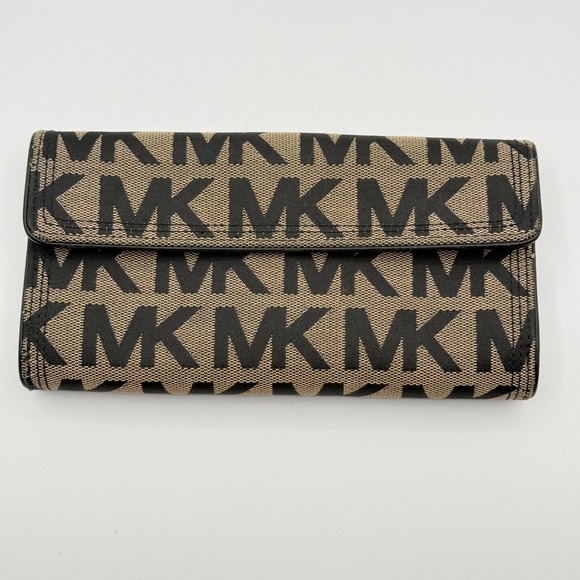 Michael Kors Handbags - Michael Kors Monogram Wallet Brown Black Canvas Leather Snap Closure